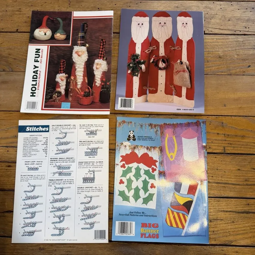 Vintage Craft Pattern Lot Santa Sewing Crochet Pot Holders Banner Flags 4pc